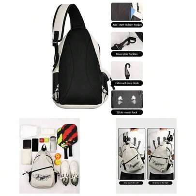 Pickleball Bag, Adjustable Large Capacity Pickleball Crossbody Backpack For Women Men, Sling Padel Bag Hold 2 To 4 Paddles With Multiple Compartments, Wet Safety Pocket Fence Hook