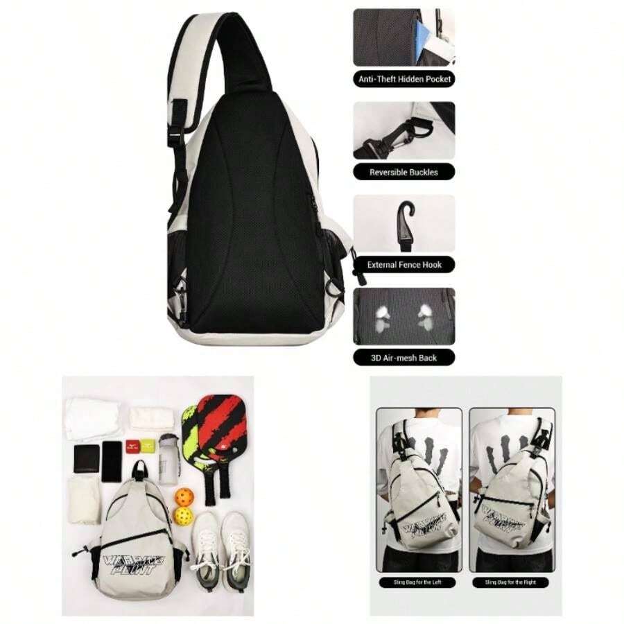 Pickleball Bag, Adjustable Large Capacity Pickleball Crossbody Backpack For Women Men, Sling Padel Bag Hold 2 To 4 Paddles With Multiple Compartments, Wet Safety Pocket Fence Hook - Pickleball Bag - Grey - View 1
