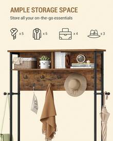 HaluPeit Coat Rack With Shoe Storage, Hall Tree With Bench For Hallway, 14 Open Compartments, Coat Stand With Adjustable Shelves, 13 Hooks, Top Storage For Living Room, Entrence, Rustic Brown/White Oak - Retro marrón y negro - Ver 5