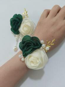 1pc Boutonniere + 1pc Wrist Corsage, Champagne & Blue Dual Flower Decor, Elegant For Wedding, Groom, Bride, Bridesmaid, Party, Prom, Daily Wear, Valentine's Day - 708 - Dark Green + Beige - View 2