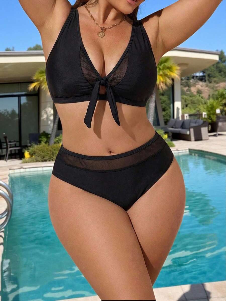 SHEIN Swim 大码女士黑色吊带泳衣套装,三角上衣搭配高腰短裤,适合夏季海滩穿着 - 黑色 - 查看 1