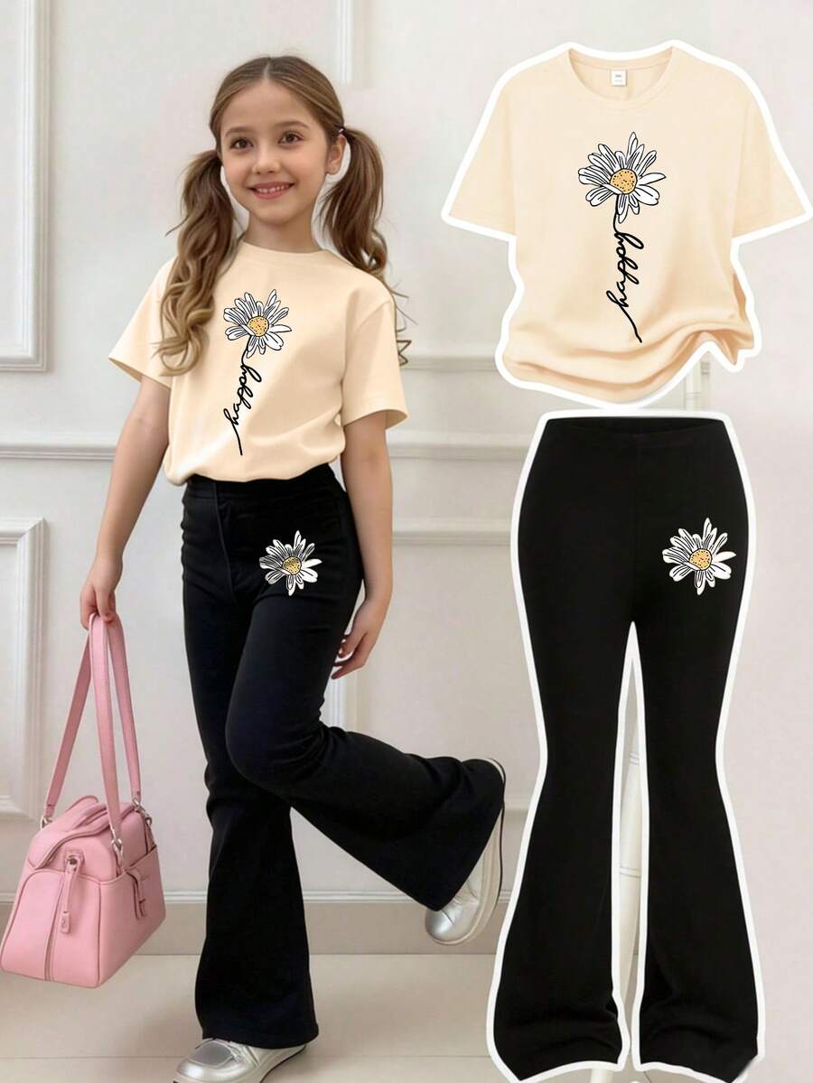 2pcs/Set Baju Anak Perempuan Atasan Lengan Pendek Motif Bunga Kecil dan Celana Lebar, Pakaian Kasual Musim Panas yang Nyaman - Aprikot - View 1