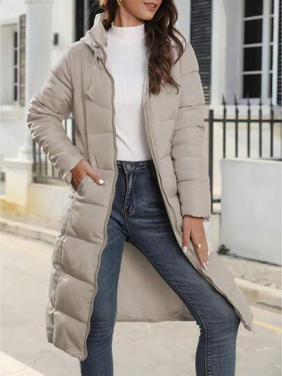 Women's Long Puffer Jacket With Hood - Winter Warm Quilted Coat, Zip Up Long Sleeve Water-Resistant Outerwear