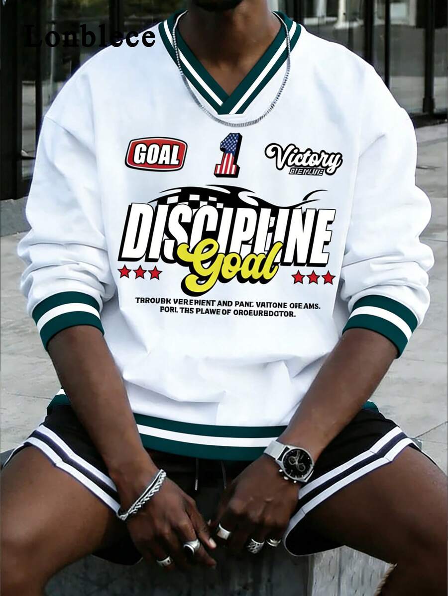 2 件装男士学院风图案印花运动衫和抽绳短裤套装 - 白色 - 查看 1