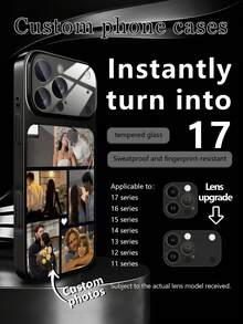 1pc Customized 5-Photo Family/Couple Portrait Tempered Glass Luxury Fashion Large Window Matte Anti-Fall Phone Case, Compatible With IPhone 17/17Pro/17ProMax/17Air/16/16Pro/16ProMax/16Plus/15/15Plus/15Pro/15ProMax/14/14Plus/14Pro/14ProMax/13/13Pro/13ProMax/12/11 - Black - View 6