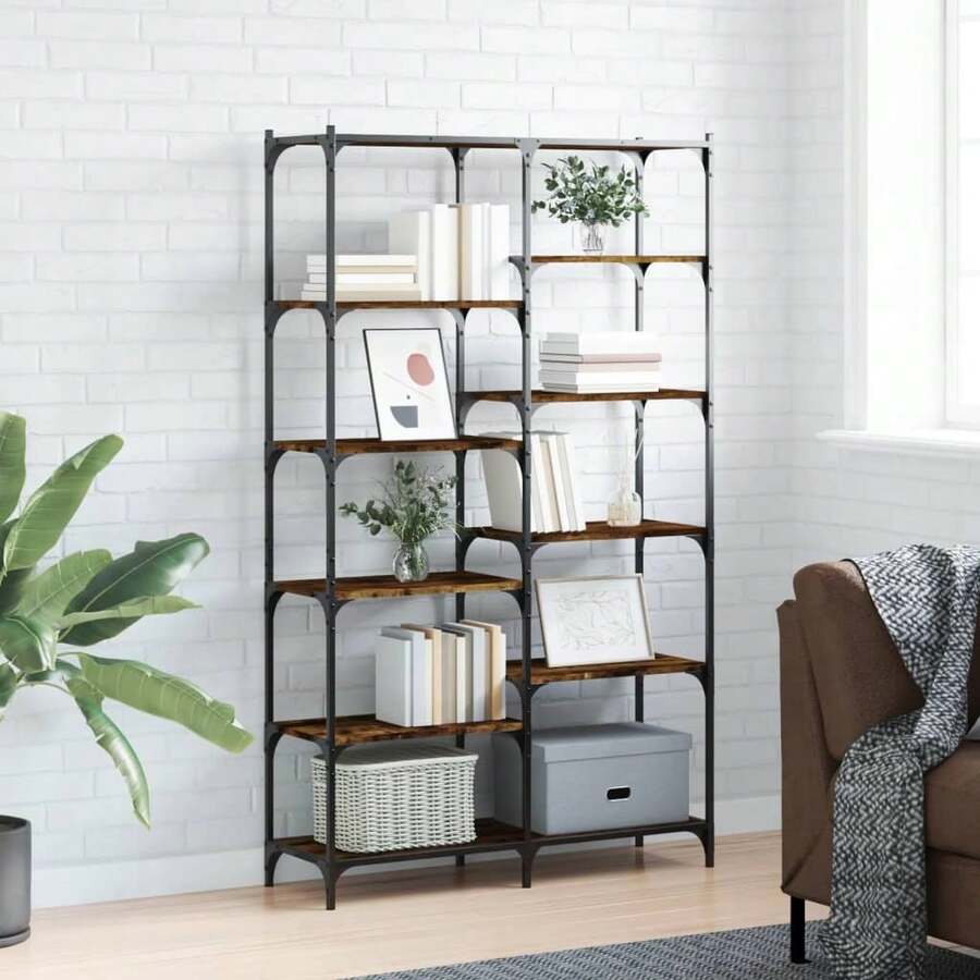 Larryhot Libreria Rovere Fumo 100x32x170 cm in Legno Multistrato e Ferro, Facile da assemblare, dall'estetica elegante e raffinata, pratica per riporre gli oggetti, la scelta ideale per l'organizzazione e la decorazione domestica - Castano - Visualizzare 1