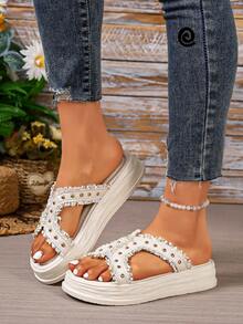 Women's New Beige Thick-Sole Rivet Sandals, Slip-On Beach Style Suitable For Vacation, Beach, Leisure Travel - Beige - View 2