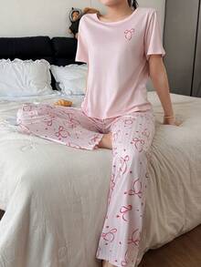 Dreamivo Bộ 2 món đồ ngủ nữ kiểu dáng thường ngày in hình bướm, áo tay ngắn và quần dài, màu hồng nữ tính. - Hồng - Xem 4