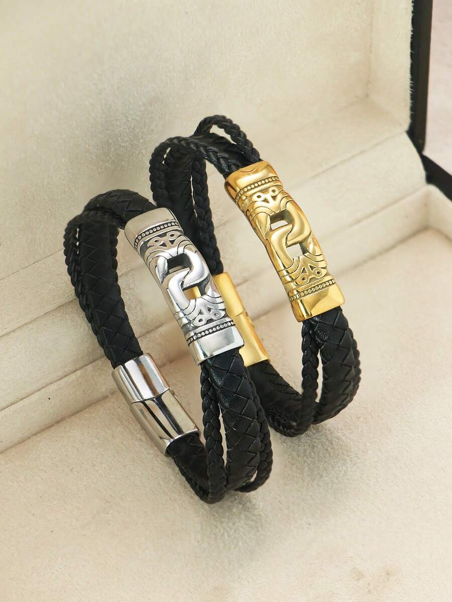 Unisex Stainless Steel & Leather Bracelet, Braided Rope Design Bracelet For Women, Totem Personalized Wristband, Suitable As Valentine's Day Gift For Girlfriend Or Best Friend