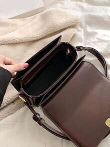 1pc Fashionable Solid Color Trim Minimalist Shoulder Square Bag - Coffee Brown - View 9