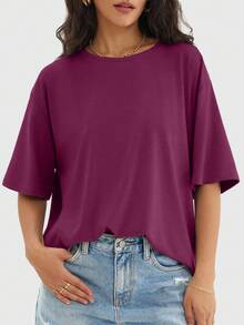 Speed mate 女士休闲宽松圆领短袖T恤，基础运动上衣，春夏款 - 玫紅色 - 查看 3