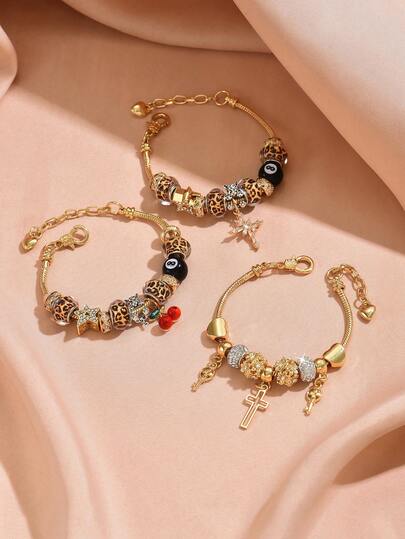 1件时尚DIY串珠手链，豹纹图案，台球造型，8字形水晶环，星形珠子，樱桃吊坠手链，适合日常、派对、周年纪念、特殊场合、生日礼物