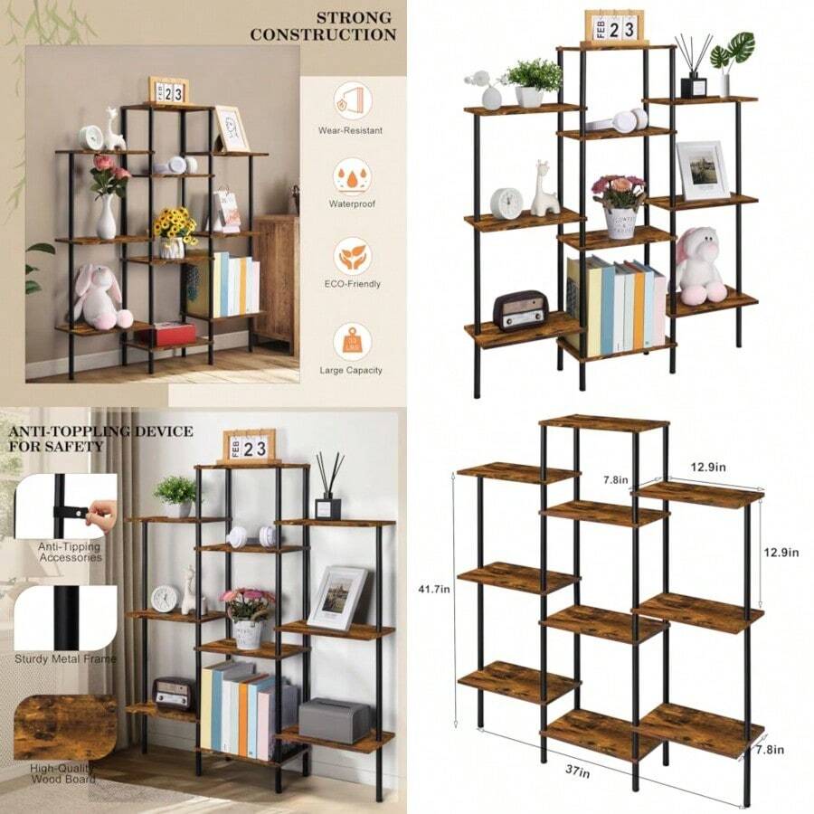 SHINOSKE 4-Tier BookshelfSmall Triple Wide Bookcase For Books CDs Movies Display Shelf With 10 Open Shelves For Living Room Home Office Balcony Rustic Brown - Xanh và trắng - Xem 1