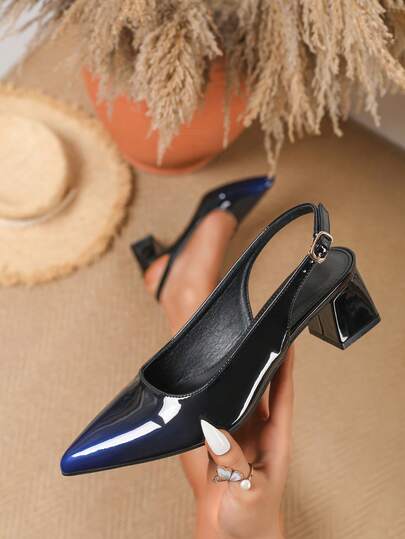 2026 New Pointed Toe Ombre Patent Leather Blue Women's Shoes, Strap High Heels, Thick Heel Open Toe Party Pumps, Fashionable & Elegant Ladies Backless Sandals