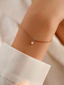 Nooxian 1pc Fashionable Women's Bracelet, Gold Heart Pendant Stainless Steel Chain Bracelet, Minimalist Everyday Jewelry (No Gift Box) - Yellow Gold - View 6