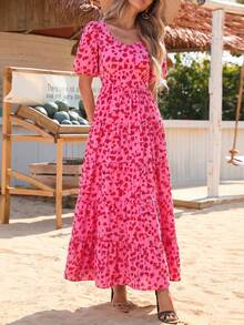 Women's Dress, Puffed-Sleeve Floral Casual Summer Dress, Pleated Back, Beach Flowing, Layered Long Sundress - Hoa nhỏ màu đỏ hồng - Xem 3