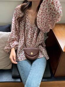 Primavera y otoño nuevo dulce simple suelta temperamento salvaje V-cuello floral de manga larga blusa de gasa camisa blusas elegantes dama - Rosa - Ver 2