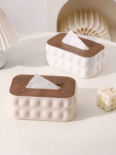 1 Elegant Tissue Storage Box, Decorative Square Tissue Box Cover, Nordic Minimalist Style Tissue Storage Box, Curved Design, With Wooden Lid, Large Capacity Tissue Box, Suitable For Bedroom, Living Room, Kitchen, Bathroom, Home Decoration And Practical Storage