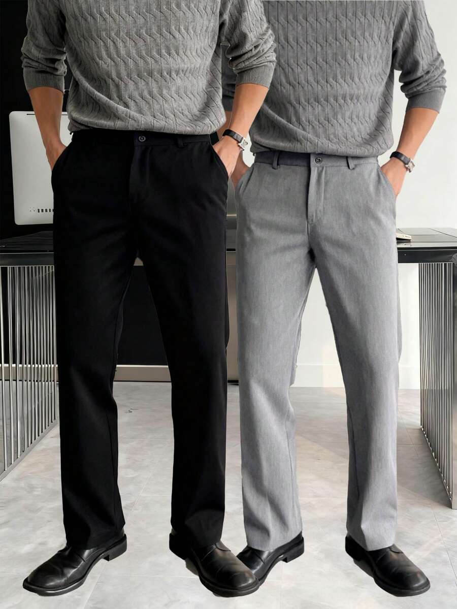 1 pieza Pantalón de traje holgado negro para hombre, pierna recta, diseño de caída, primavera/verano - Negro - Ver 1