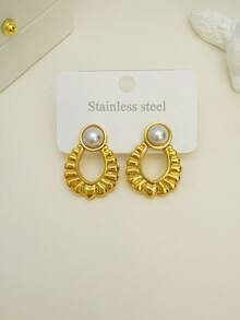 9 Pairs Vintage Luxurious Fashion Gold-Tone Pearl Earrings & Studs, Lightweight Elegant Design With Multiple Pearl Embellishments - Gold - View 6