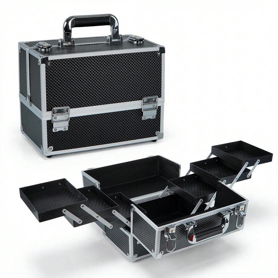 Makeup Train Case Professional Adjustable - 6 Trays Cosmetic Cases Makeup Storage Organizer Box With Lock And Compartments - Black - View 1
