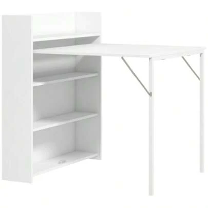 Folding Dining Table, Ideal For Small Spaces, With 4 Discreet Shelves, Foldable Kitchen Table, Anti-Tip Function, White