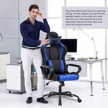 Ergonomic High-Back PU Leather Gaming Chair - Swivel Rolling Office PC Chair With Lumbar Support, Relieves Back Pain, Suitable For Women And Men,Blue - 藍色 - 查看 2