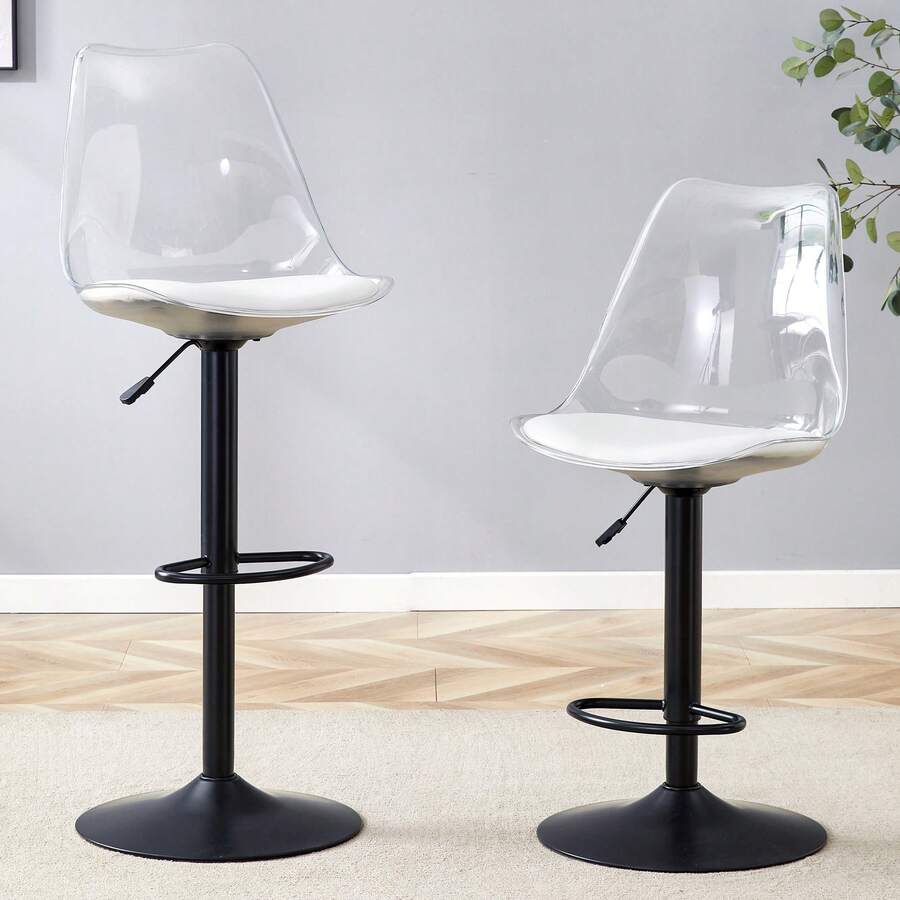 Modern Adjustable Bar Stool Cover, 2 Pieces With Transparent Plastic Back And PU Leather Seat, Black Metal Legs. Height Adjustable, 360-Degree Swivel, Ideal For Kitchens, Bistros, Etc. - White - View 1