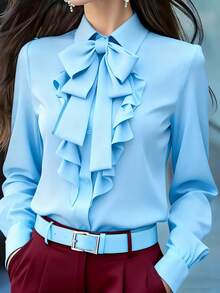 女士优雅长袖衬衫，浅蓝色，系带领，荷叶边和蝴蝶结装饰，常规版型，适合工作和日常穿着，春秋季 - 淺藍色 - 查看 4