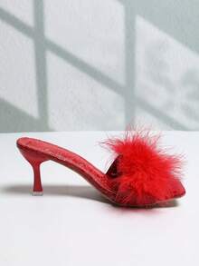 Fashionable Faux Fur Square Toe High Heel Sandals For Women, Summer New Slip-On Thin Heel Ladies High Heels - Đỏ - Xem 9