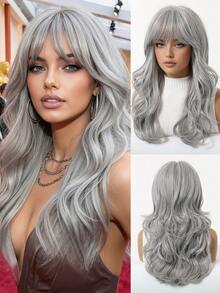Tóc giả màu xám trung bình dài 20 inch, kiểu tóc xoăn có mái dành cho nữ, được làm từ sợi tổng hợp chịu nhiệt, hoàn hảo cho các bữa tiệc năm mới và thường ngày. - Xám - Xem 6