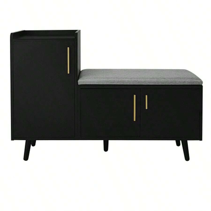 Modern Shoe Bench/Shoe Chest/Seat With Three Storage Doors, Asymmetrical Metal Handles And Multiple Storage Levels – Dimensions: W100/D34/H69 Cm - 黑色 - 查看 1