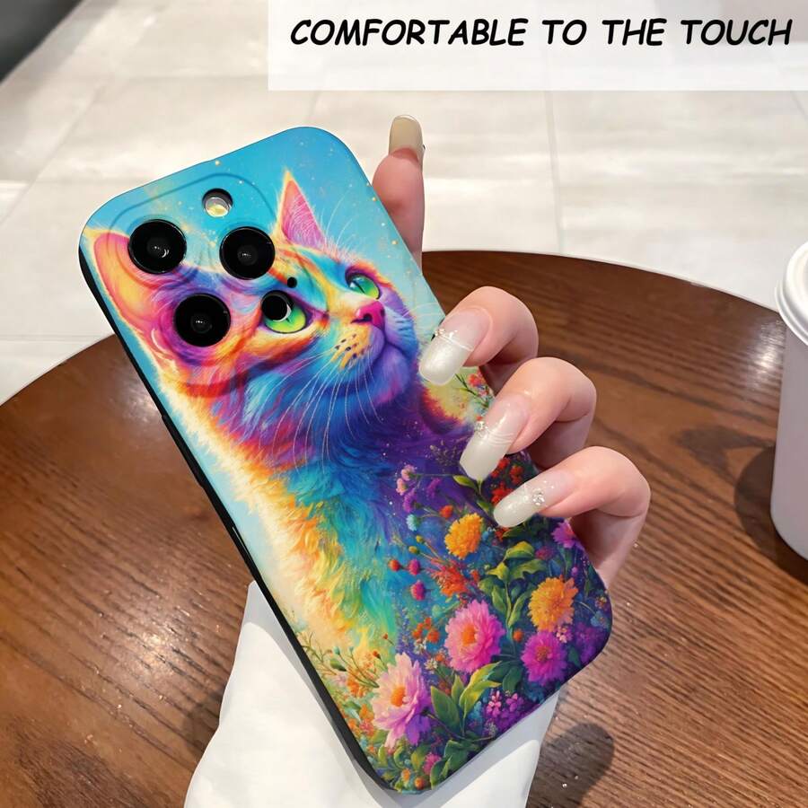 1PC Phone Case ,  Colorful Cat Floral Design Pattern , Stylish Phone Case, Phone Decoration, All-around Lens Protection, Creative Small Gift, Funny Gift for Boys and Girls - Negro - Ver 1