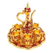 Aohuada Turkish Style Zinc Alloy Tea Set, 1 Teapot & 6 Cups - Rustproof, Heat-Resistant, Durable Tea Cups Set For Home, Restaurant, Hotel, Office, Tea House - Red Decorative Tea Ware Set - 金色 - 查看 8