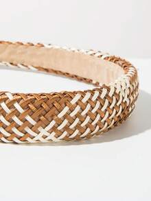 1 pieza Diadema de tela de unicolor con esponja y corona alta, estilo coreano minimalista y versátil, accesorio de viaje de diadema tejida de rafia bohemia para mujer - color cafe - Ver 2
