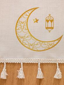 1pc Beige Rectangular Tablecloth, Boho Style With Tassels, Moon, Lanterns, Stars, Geometric Patterns, Washable, Suitable For Dining Table, Coffee Table, Kitchen, Living Room, Meals, Gatherings, Parties, Holiday Celebrations, Islamic Festivals, Gifts - Beige - View 15