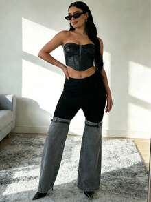 Y2K Streetwear Patchwork Wide Leg Pants For Women High Waist Stretch Black Top With Washed Denim Flared Bottom And Decorative Belt Straps - Xám - Xem 10