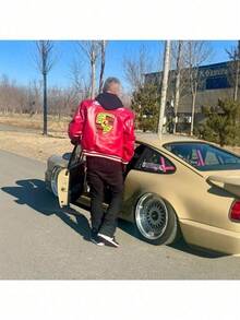 Racing Jacket Car Locomotive Heavy Micro-Chapter Embroidery Men's And Women's Retro Leather Jacket - 紅色 - 查看 2