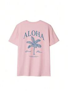 Camiseta de manga corta con cuello redondo y estampado de palmeras para mujer, estilo casual y moderno, tu prenda esencial diaria.Camiseta con Estampado, Tops para Mujer, Vacaciones de Verano - Rosa - Ver 3