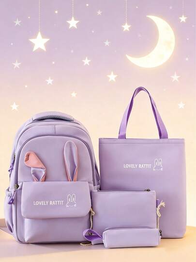 Conjunto de 4 piezas de mochila con forma de conejo, hecho de material de nailon con cierre de cremallera. Incluye 1 mochila, 1 bolso de hombro, 1 bolso cruzado y 1 estuche para lápices. Adecuado para la temporada de regreso a clases y uso diario, también un excelente regalo para niños en cumpleaños o regreso a clases