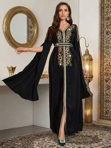 Floral Embroidery V-Neck Maxi Slit Sleeve Dress - Black - View 5