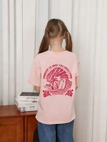Tween Girls' Tropical Print Round Neck Short Sleeve T-Shirt, Summer Top - Pink - View 2