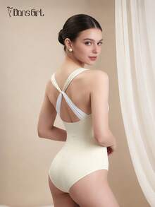 DonsGirl 女士芭蕾舞紧身衣 - 浪漫层叠网纱面料及交叉细节 - 适合瑜伽、舞蹈表演及训练 - 淡黃色 - 查看 7