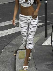 Women Polka Dot Capri Pants Elastic Waist Stretchy Slim Fit Cropped Leggings Side Tie Up Going Out Pants Spring Summer Daily Casual Pants Y2K Retro Versatile Style Polka Dots Pants Party Club Streetwear Rave Outfit,Concert Outfit,Valentines Clothes,Beach Vacation Outfits - 白色 - 查看 1