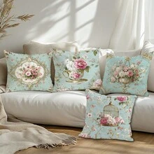 4件套复古蓝色玫瑰花卉抱枕套，单面印花桃绒面料，尺寸分别为45*45/50*50/40*40厘米，适用于现代简约沙发客厅装饰，亦可作为礼物或派对装饰。 - 彩色 - 查看 10