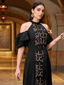 Elegant Arabian Long Dress With Cold Shoulder And Embroidered Details Belted Ruffle Hem Woven Fabric