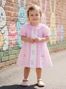 Toddler Baby Girl Easter Dress A Line Bunny Embroidered Plaid Ruffled Trim Crew Neck Short Sleeve Dress - Pink - View 3