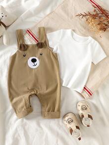 Setelan 2pcs Bayi/Balita Motif Beruang Kartun Bordir Celana Pendek Bergaris dengan Tali Bahu dan Kaos Lengan Pendek, Musim Panas - Unta - View 1