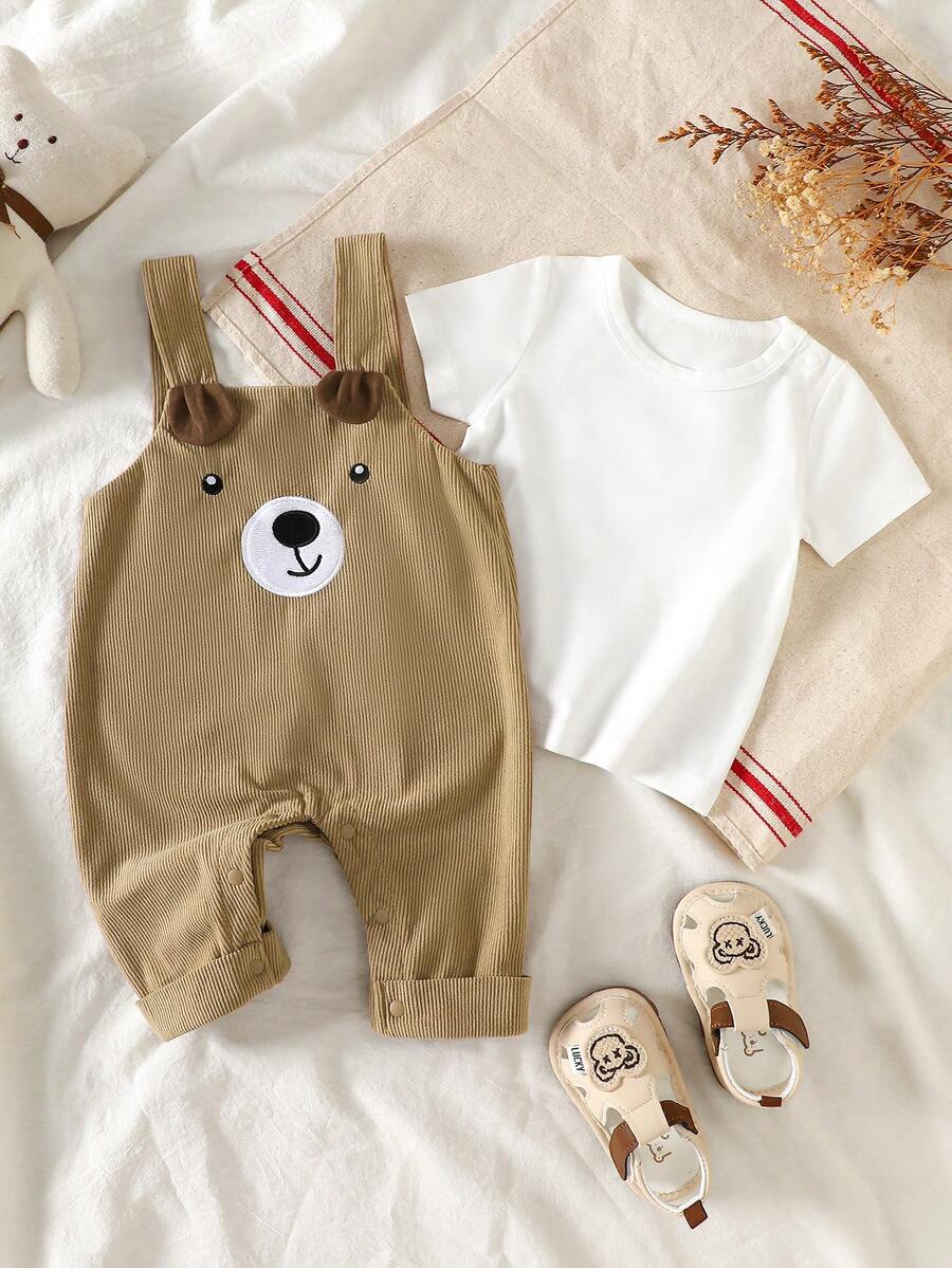 Setelan 2pcs Bayi/Balita Motif Beruang Kartun Bordir Celana Pendek Bergaris dengan Tali Bahu dan Kaos Lengan Pendek, Musim Panas - Unta - View 1
