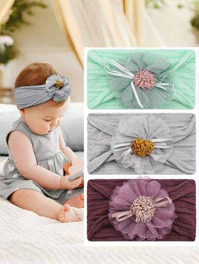 1/3pcs Tulle Flower Headbands Soft Nylon Jacquard Hairbands For Infants